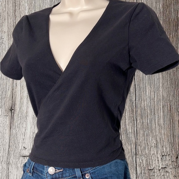 Brandy Melville Tops - Brandy Melville Black V Neck Cross Front Short Sleeve Baby Tee T-Shirt Size S